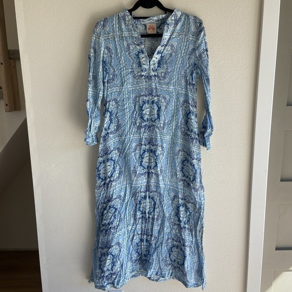 Le Sirenuse Positano Dresses & Skirts - Le Sirenuse Positano Women's 40 Kaftan Maxi Dress Blue White Resort 100% Cotton